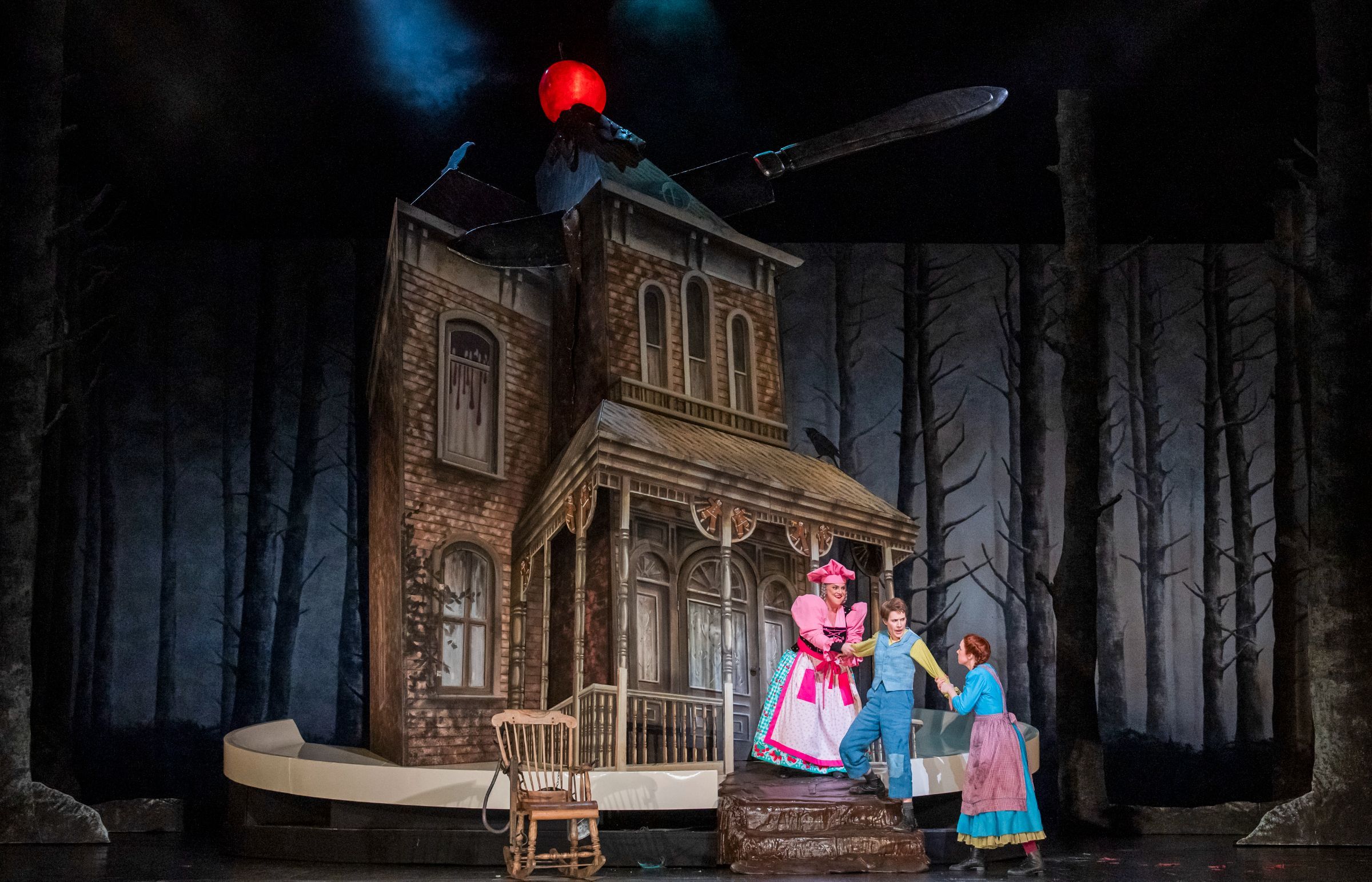 Rosie Aldridge (Witch), Anna Stéphany (Hansel) and Anna Devin (Gretel) &copy; ROH | Tristram Kenton
