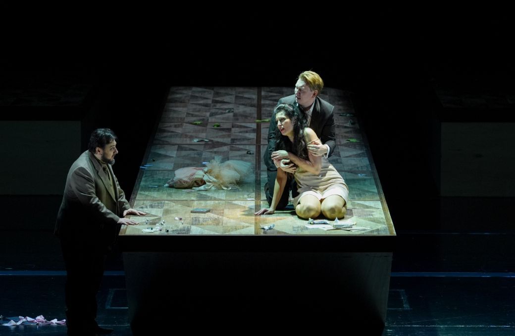 George Petean (Germont), Adela Zaharia ((Violetta) and Bogdan Volkov (Alfredo) &copy; Ben van Duin | Dutch National Opera