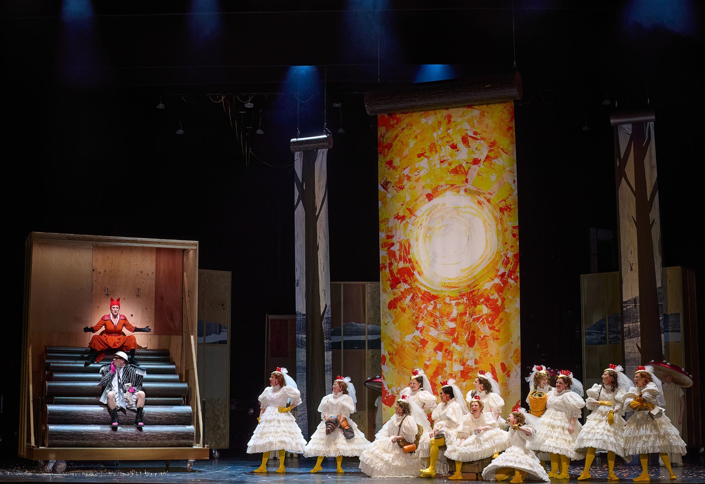 Jane Archibald (Vixen), Giles Tomkins (Badger) and ensemble &copy; Michael Cooper