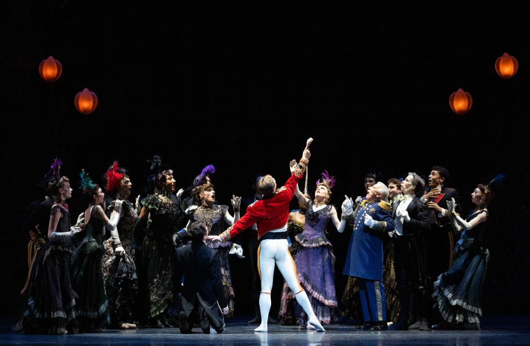 Jack Wolff as the Prince and Artists of Houston Ballet in Stanton Welch's <i>Cinderella</i> &copy; Lawrence Elizabeth Knox (2024). Courtesy of Houston Ballet.