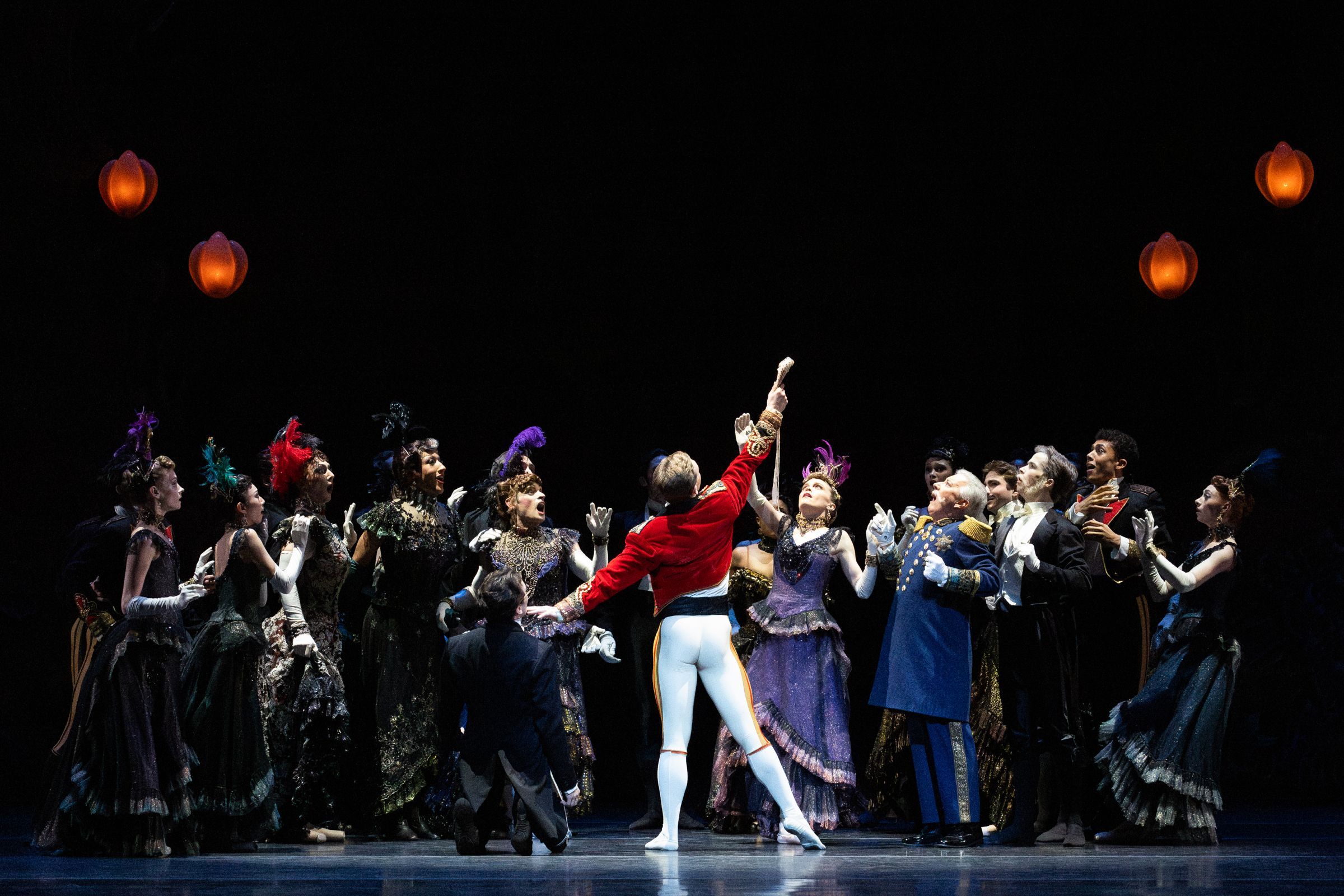 Jack Wolff as the Prince and Artists of Houston Ballet in Stanton Welch's <i>Cinderella</i> &copy; Lawrence Elizabeth Knox (2024). Courtesy of Houston Ballet.