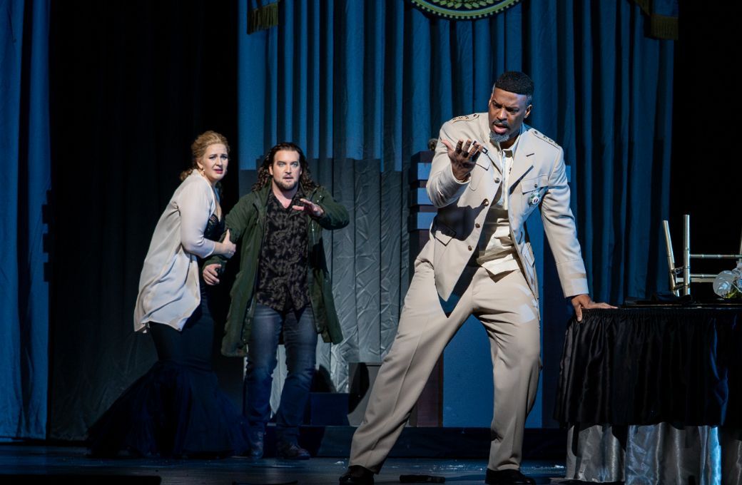Lise Davidsen (Leonora), Brian Jagde (Alvaro) and Soloman Howard (Marquis of Calatrava) &copy; Karen Almond | Met Opera