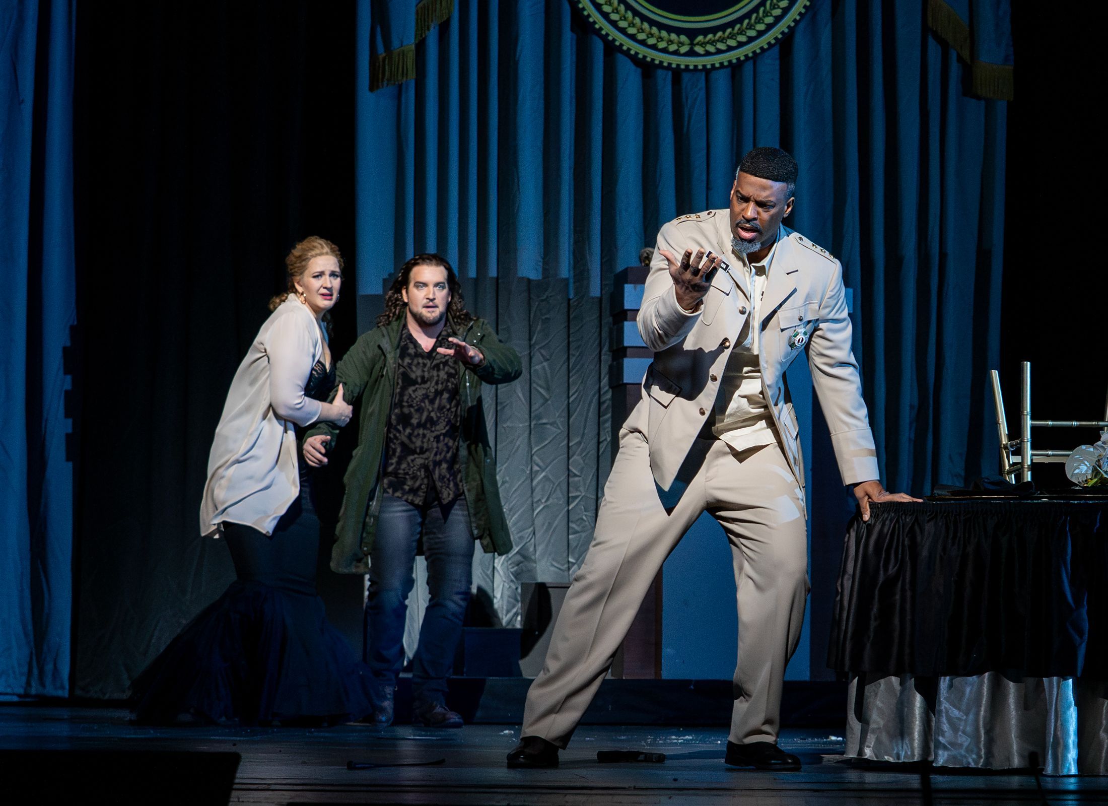 Lise Davidsen (Leonora), Brian Jagde (Alvaro) and Soloman Howard (Marquis of Calatrava) &copy; Karen Almond | Met Opera