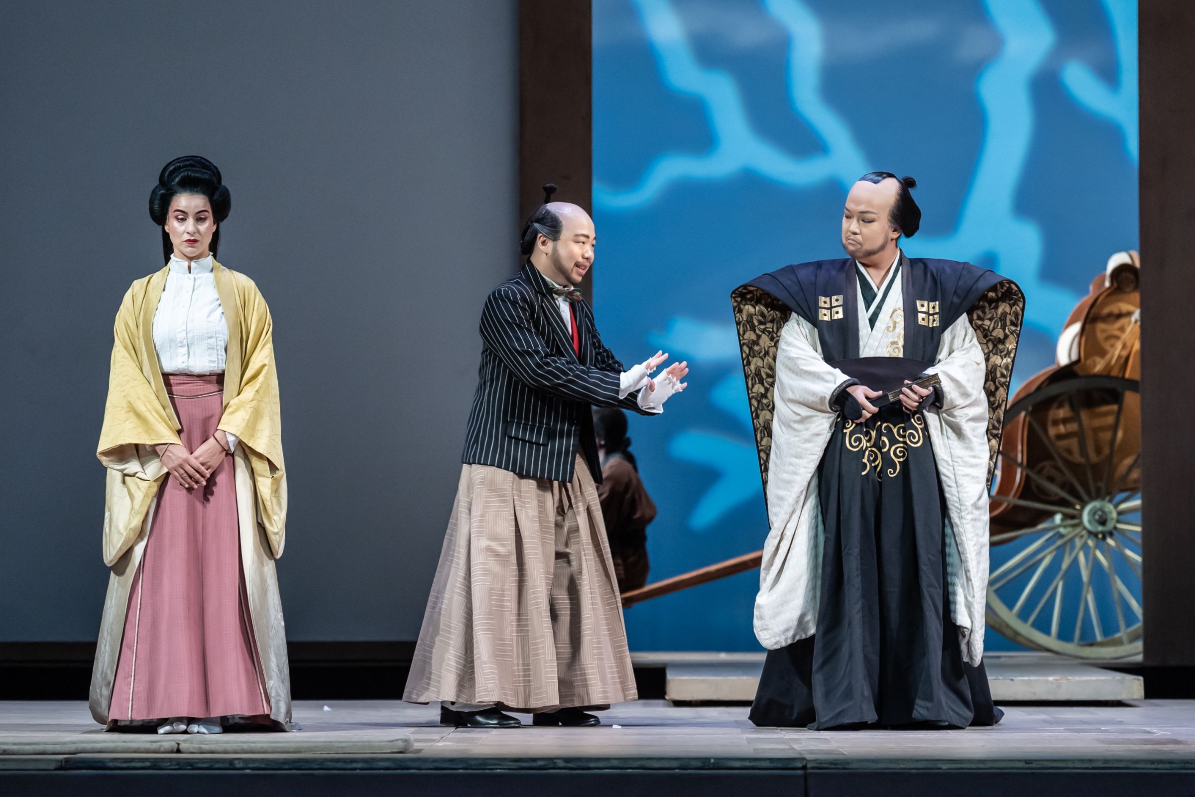 Asmik Grigorian (Cio-Cio-San), Ya-Chung Huang (Goro) and Josef Jeongmeen Ahn (Prince Yamadori) © ROH | Marc Brenner