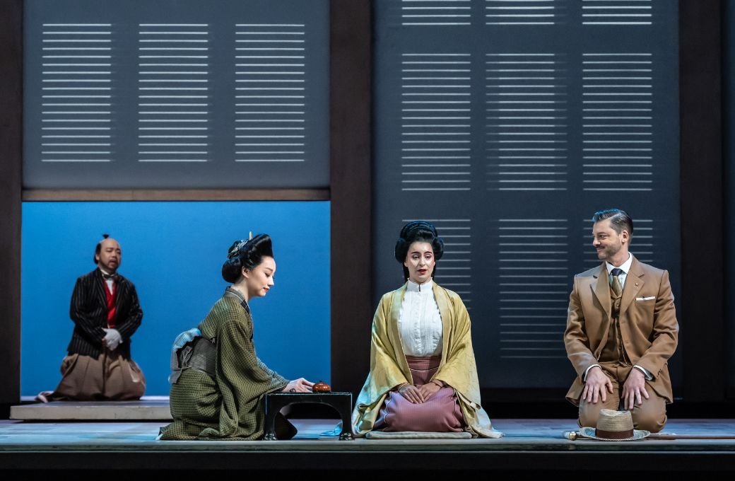 Hongni Wu (Suzuki), Asmik Grigorian (Cio-Cio-San) and Lauri Vasar (Sharpless) © ROH | Marc Brenner