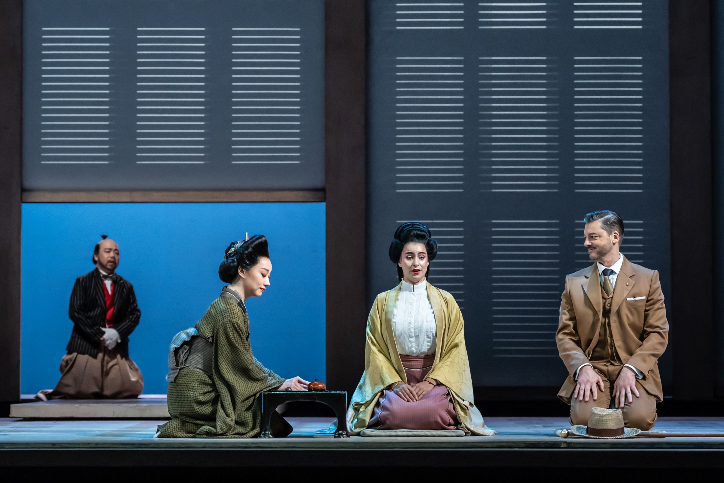 Hongni Wu (Suzuki), Asmik Grigorian (Cio-Cio-San) and Lauri Vasar (Sharpless) © ROH | Marc Brenner