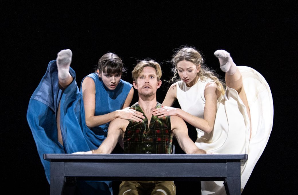 Anaïs Touret as Gina, Silas Henriksen as Hjalmar and Julie Stepanova as Hedvig in <i>The Wild Duck</i> © Joerg Wiesner