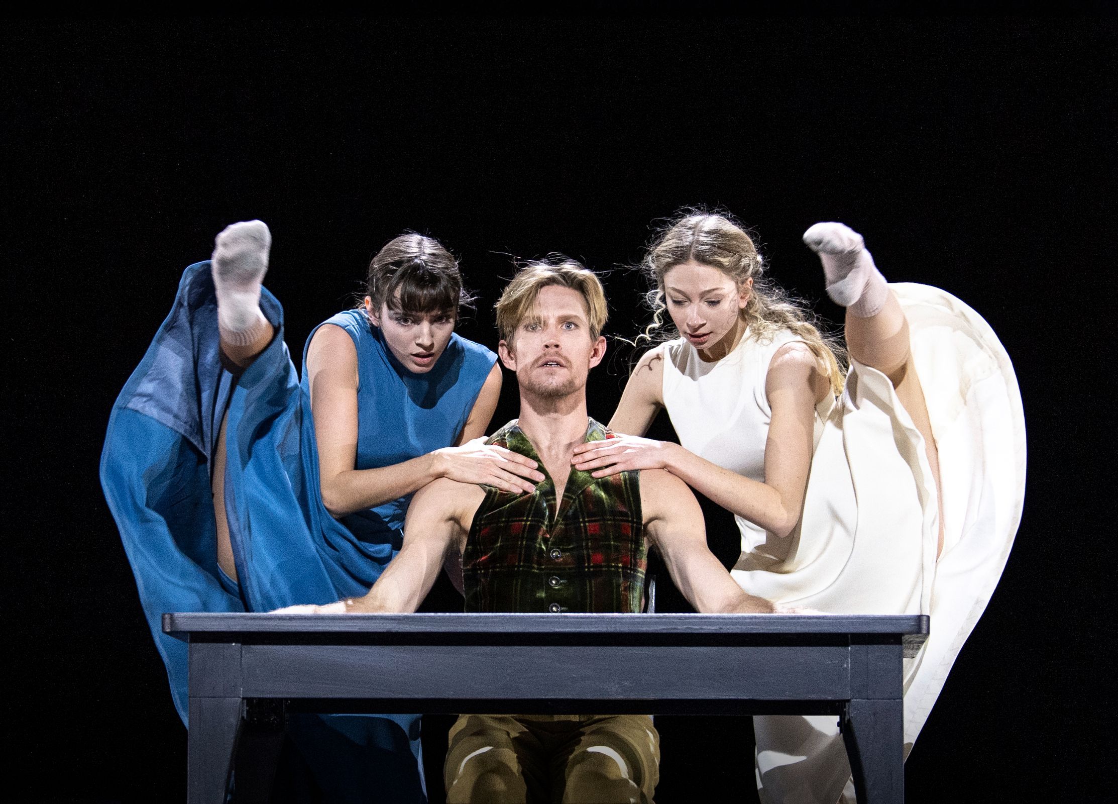Anaïs Touret as Gina, Silas Henriksen as Hjalmar and Julie Stepanova as Hedvig in <i>The Wild Duck</i> © Joerg Wiesner
