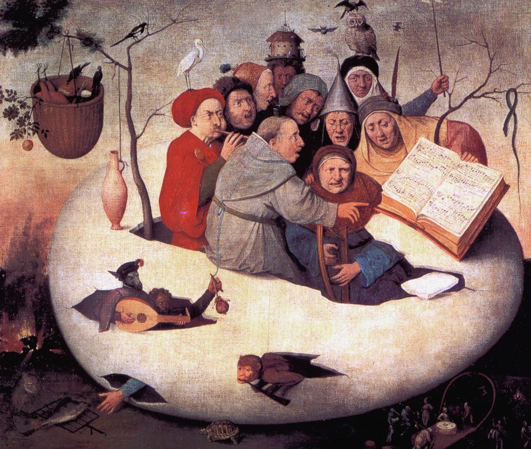 <i>Konzert im Ei</i> von Hieronymus Bosch mit Noten von Cr&eacute;cquillon &copy; Public domain
