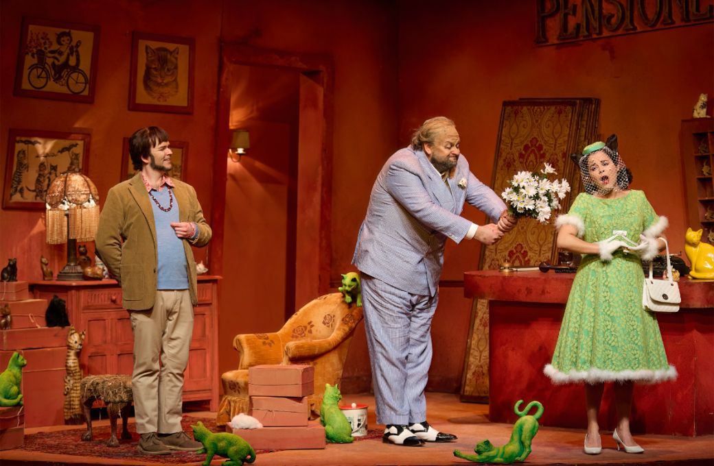Joshua Hopkins (Malatesta), Misha Kiria (Don Pasquale) and Simone Osborne (Norina) © Michael Cooper