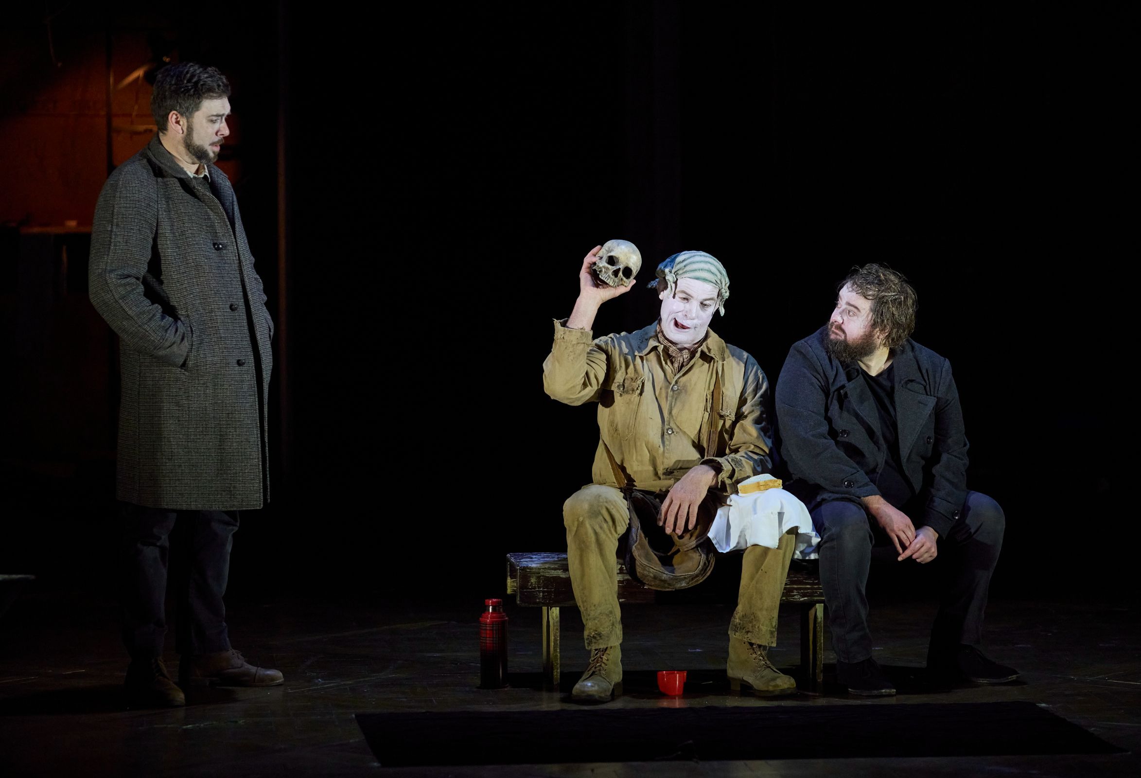 Samuel Dundas (Horatio), Jud Arthur (Gravedigger) and Allan Clayton (Hamlet) &copy; Keith Saunders