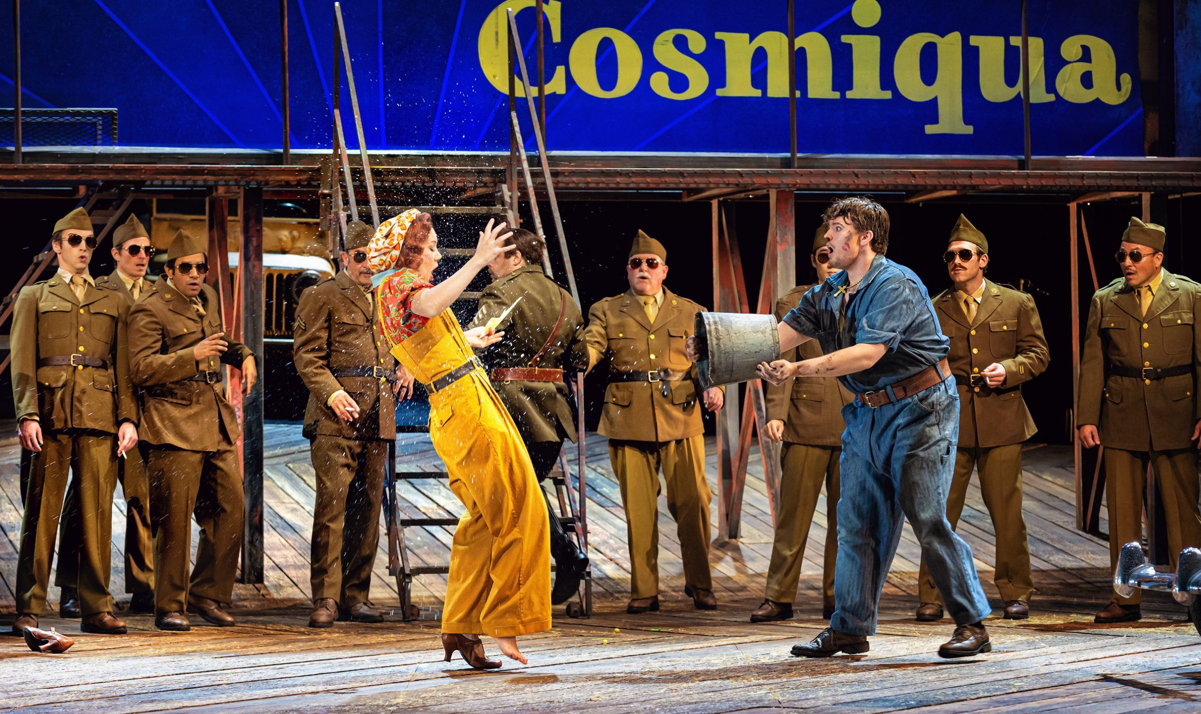Cadie J Bryan (Giannetta), Jonah Hoskins (Nemorino) and the Santa Fe Opera Chorus &copy; Curtis Brown Photography