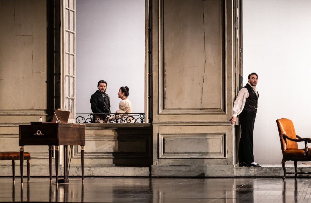 Luca Micheletti (Figaro), Ying Fang (Susanna) and Huw Montague Rendall (Count Almaviva) &copy; ROH | Clive Barda