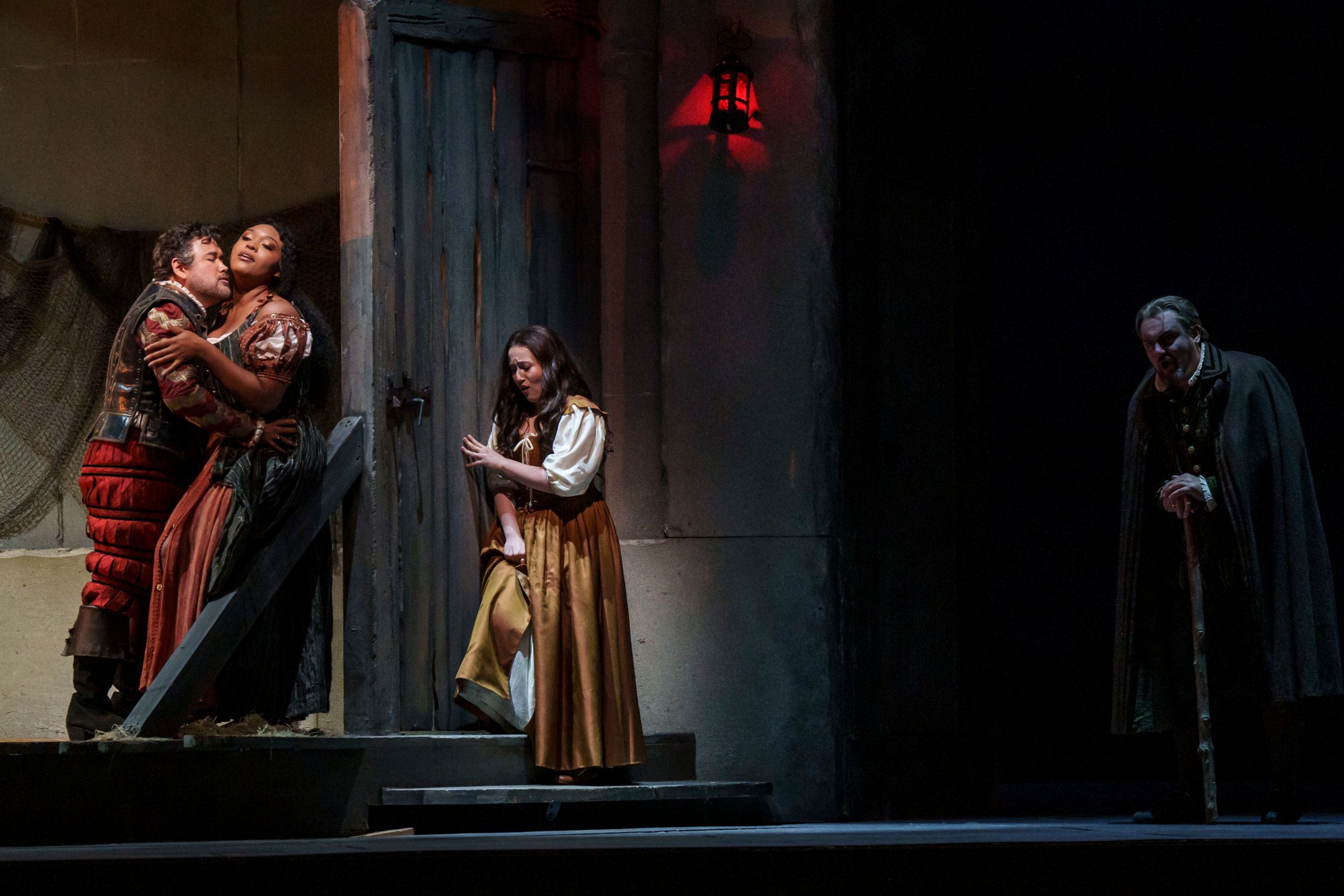 Javier Camarena (Duke of Mantua), Zoie Reams (Maddalena) and Mané Galoyan (Gilda) &copy; Todd Rosenberg