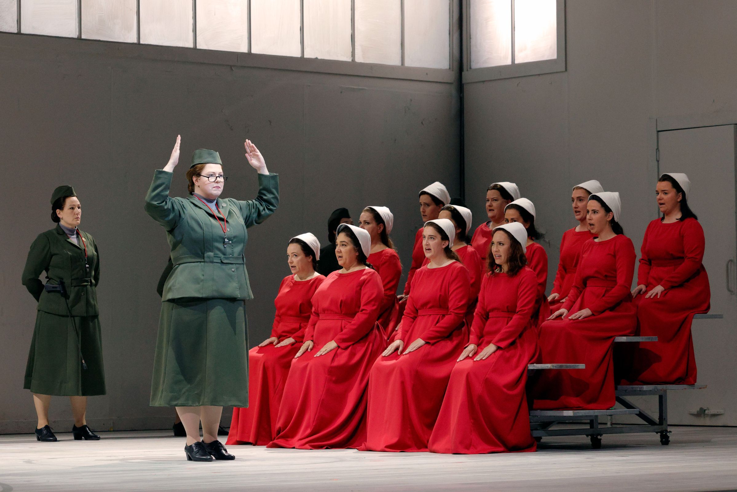 Sarah Cambridge (Aunt Lydia), Irene Roberts (Offred) and chorus &copy; Cory Weaver | San Francisco Opera