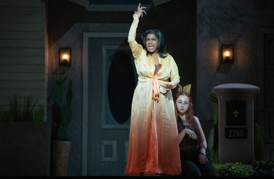 Nicole Heaston (Claire Devon) and dancer Sydney Donovan as the Coyote &copy; Steven Pisano