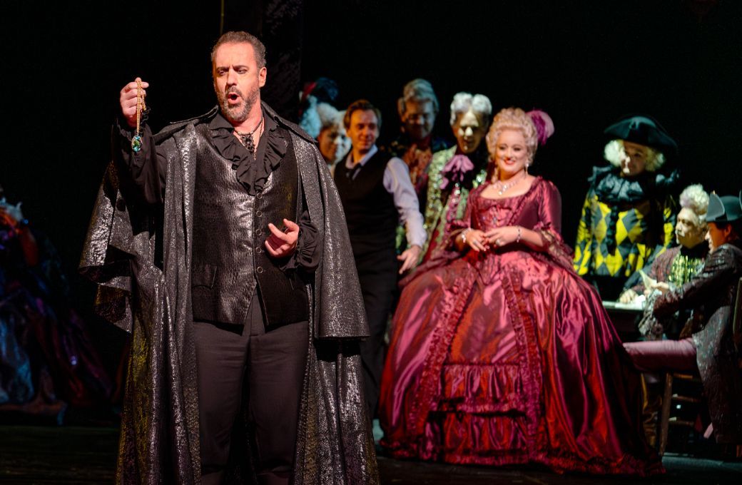 Christian Van Horn (Dapertutto), Benjamin Bernheim (Hoffmann) and Cl&eacute;mentine Margaine (Giulietta) &copy; Karen Almond | Met Opera