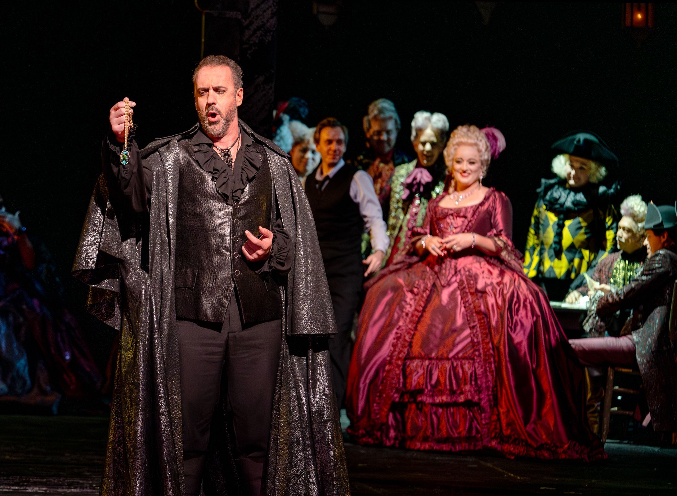 Christian Van Horn (Dapertutto), Benjamin Bernheim (Hoffmann) and Clémentine Margaine (Giulietta) &copy; Karen Almond | Met Opera
