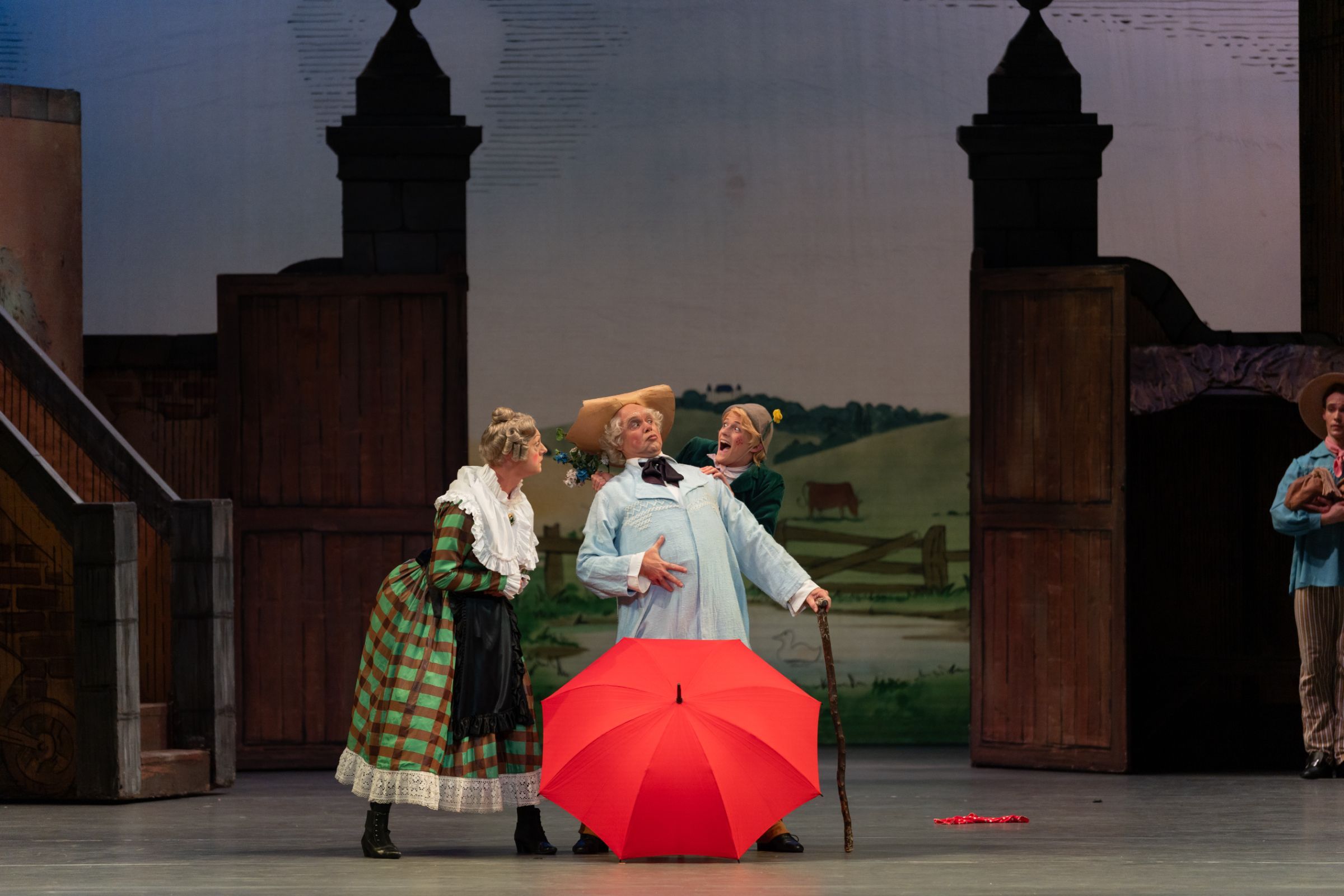 Rory Mackay as Widow Simone, Jonathan Payn as Thomas and Gus Payne as Alain in <i>La Fille mal gardée</i> &copy; Riku Ito