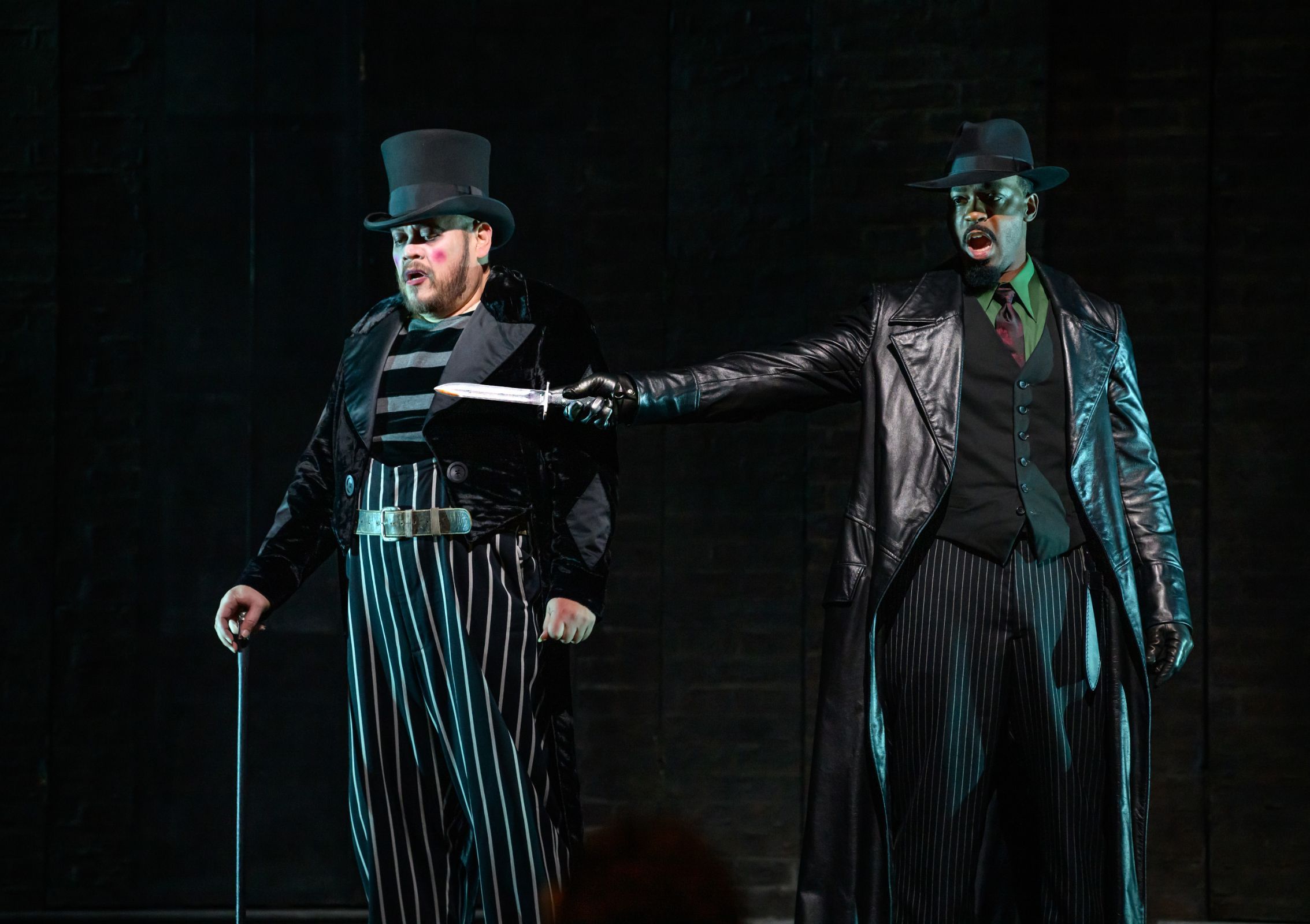 Quinn Kelsey (Rigoletto) and Soloman Howard (Sparafucile) &copy; Nina Wurtzel | Met Opera