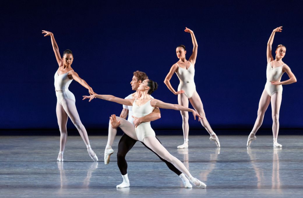 Mira Nadon and Adrian Danchig-Waring with the Company in <i>Movements for Piano and Orchestra</i> © Erin Baiano