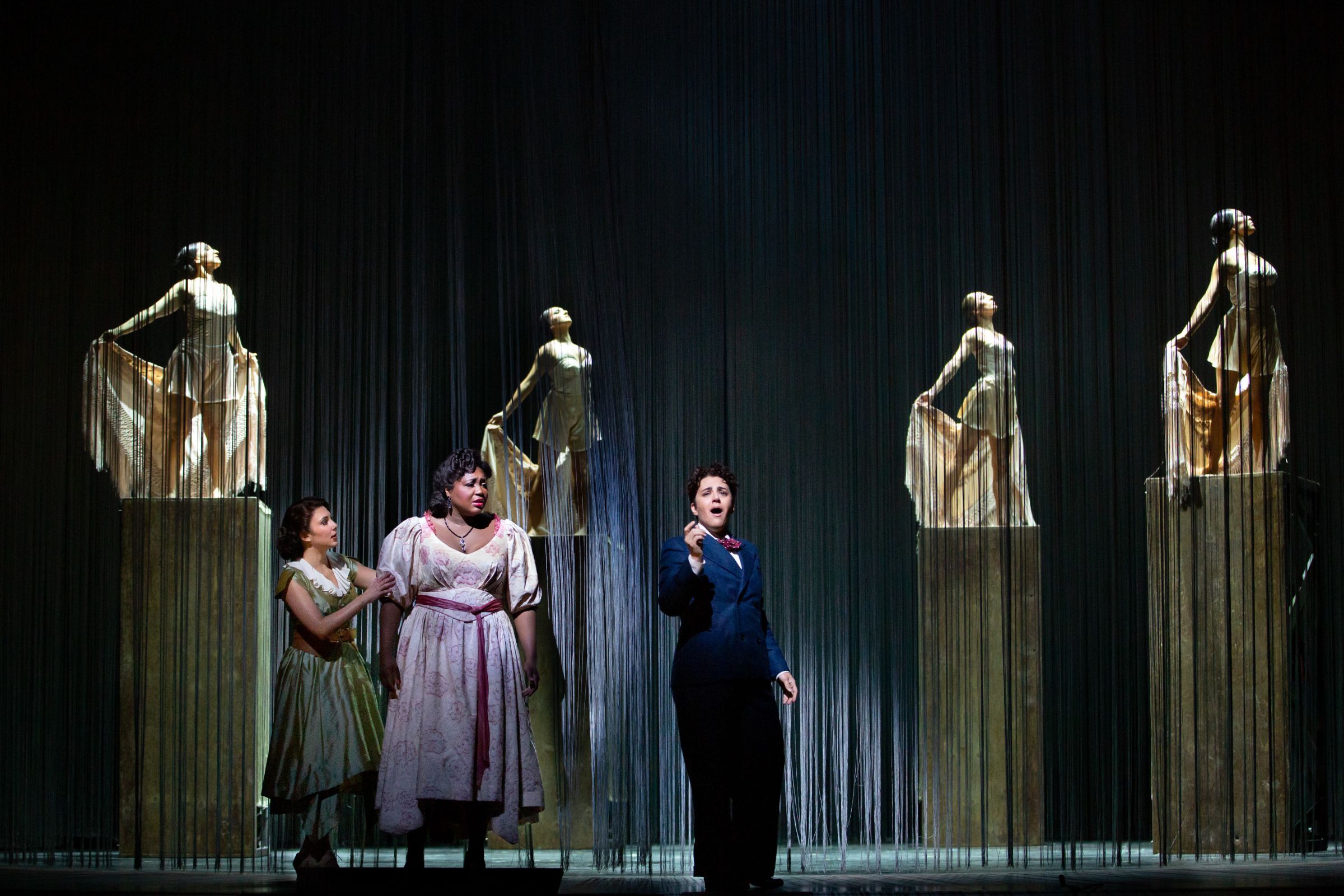 Elena Villalón (Nuria), Angel Blue (Margarita Xirgu) and Daniela Mack (Federico García Lorca) &copy; Marty Sohl | Met Opera