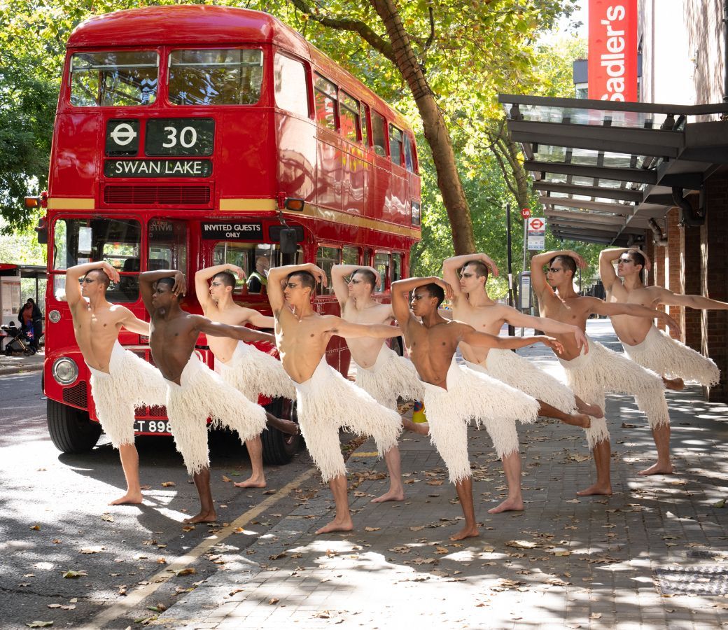 The 2024 cast of Matthew Bourne’s <i>Swan Lake</i> outside Sadler’s Wells © Craig Sugden