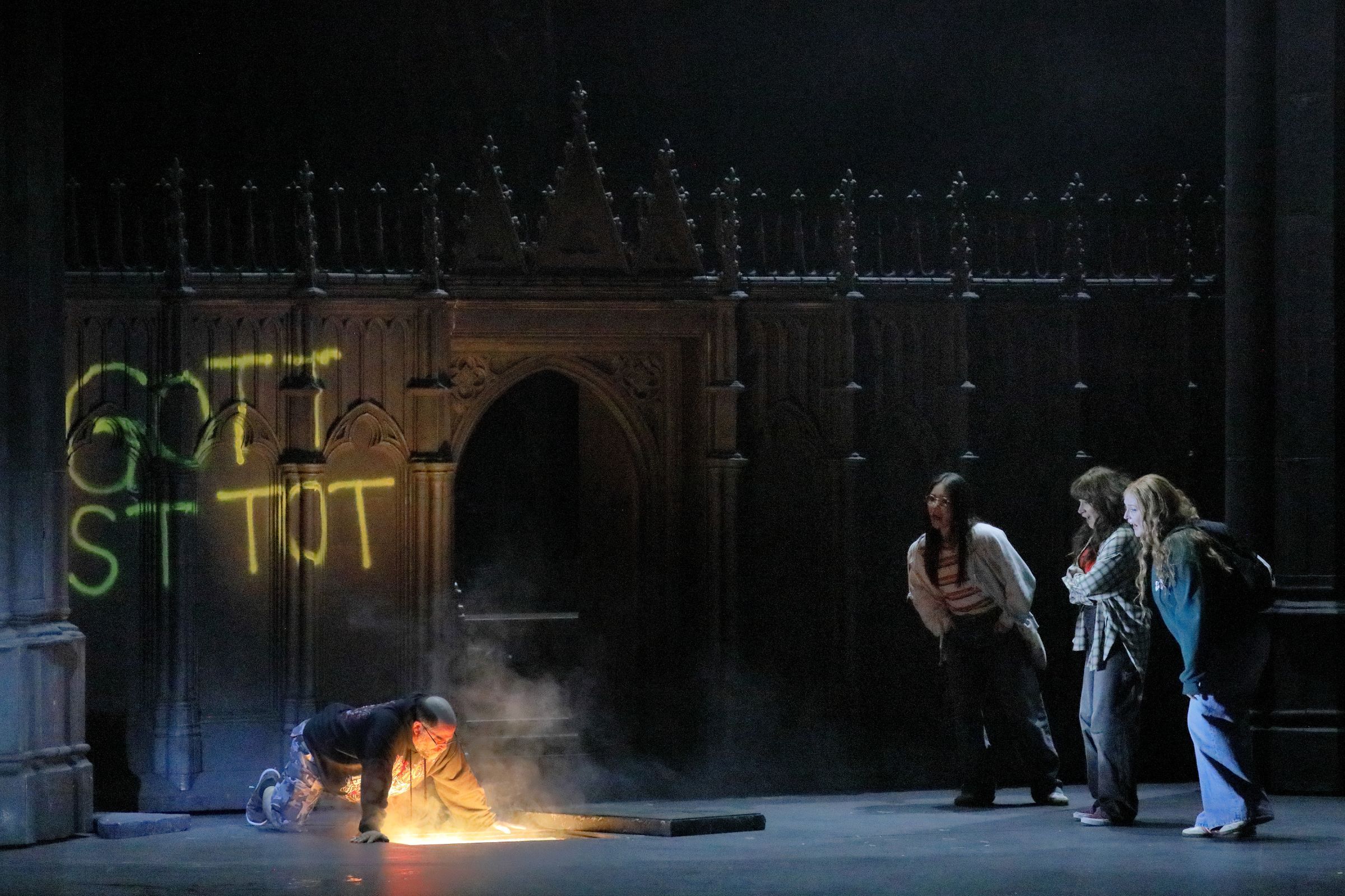 Markus Brück (Alberich), Yajie Zhang, Verity Wingate and Sarah Brady (Rhinemaidens) &copy; Wilfried Hösl