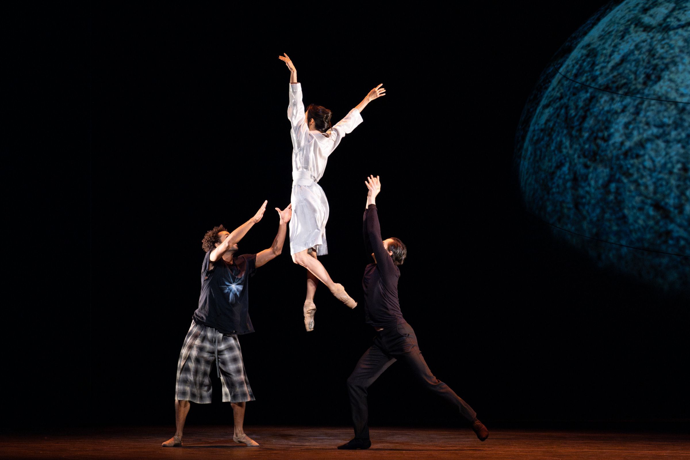 Joseph Sissens as Jimmy, Fumi Kaneko as Oryx, William Bracewell as Crake in McGregor's <i>MaddAddam</i> &copy; Andrej Uspenski