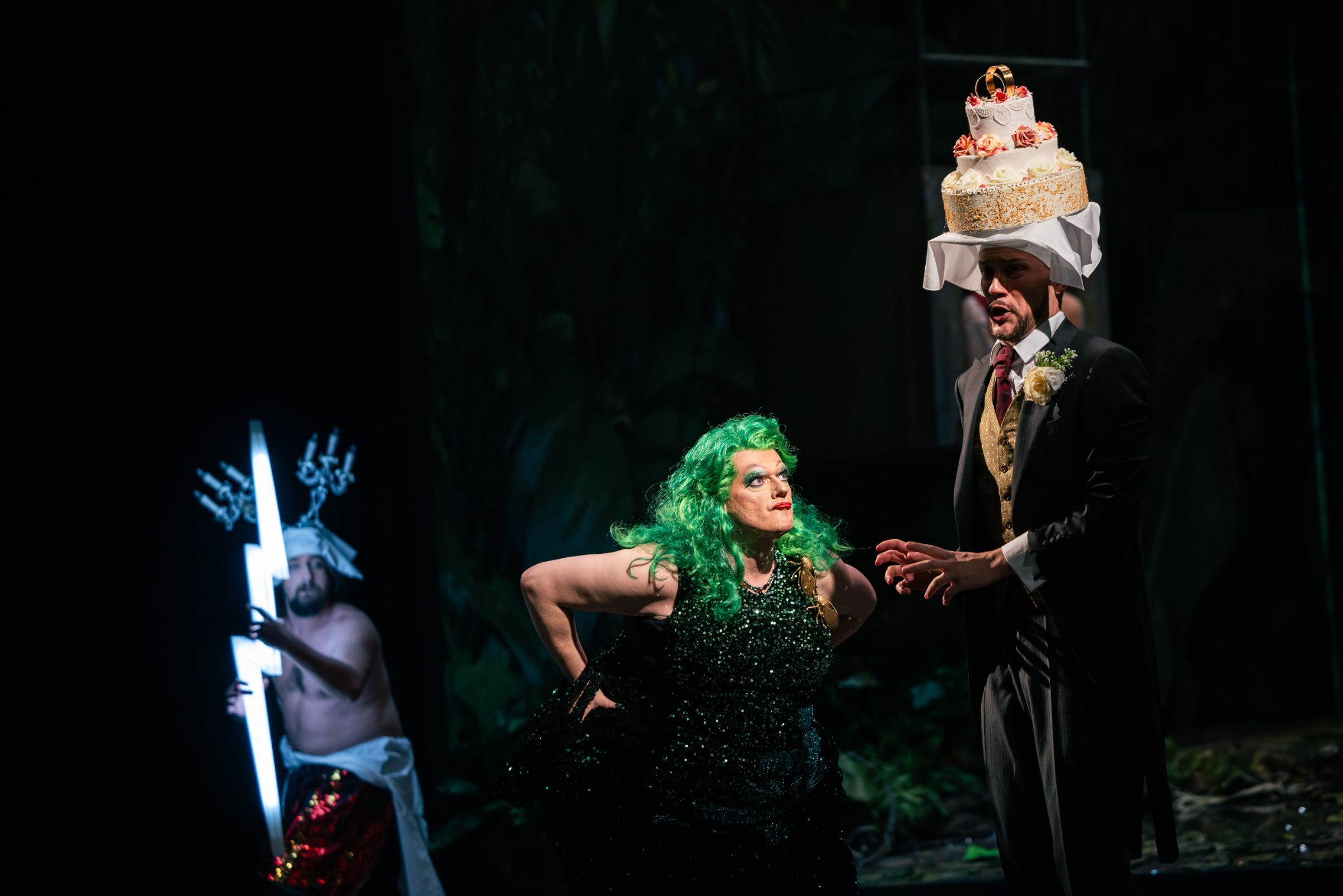 Pavol Kubáň (Jupiter), Marcel Beekman (Platée) and Lukáš Zeman (Momus) © Pavel Hejný