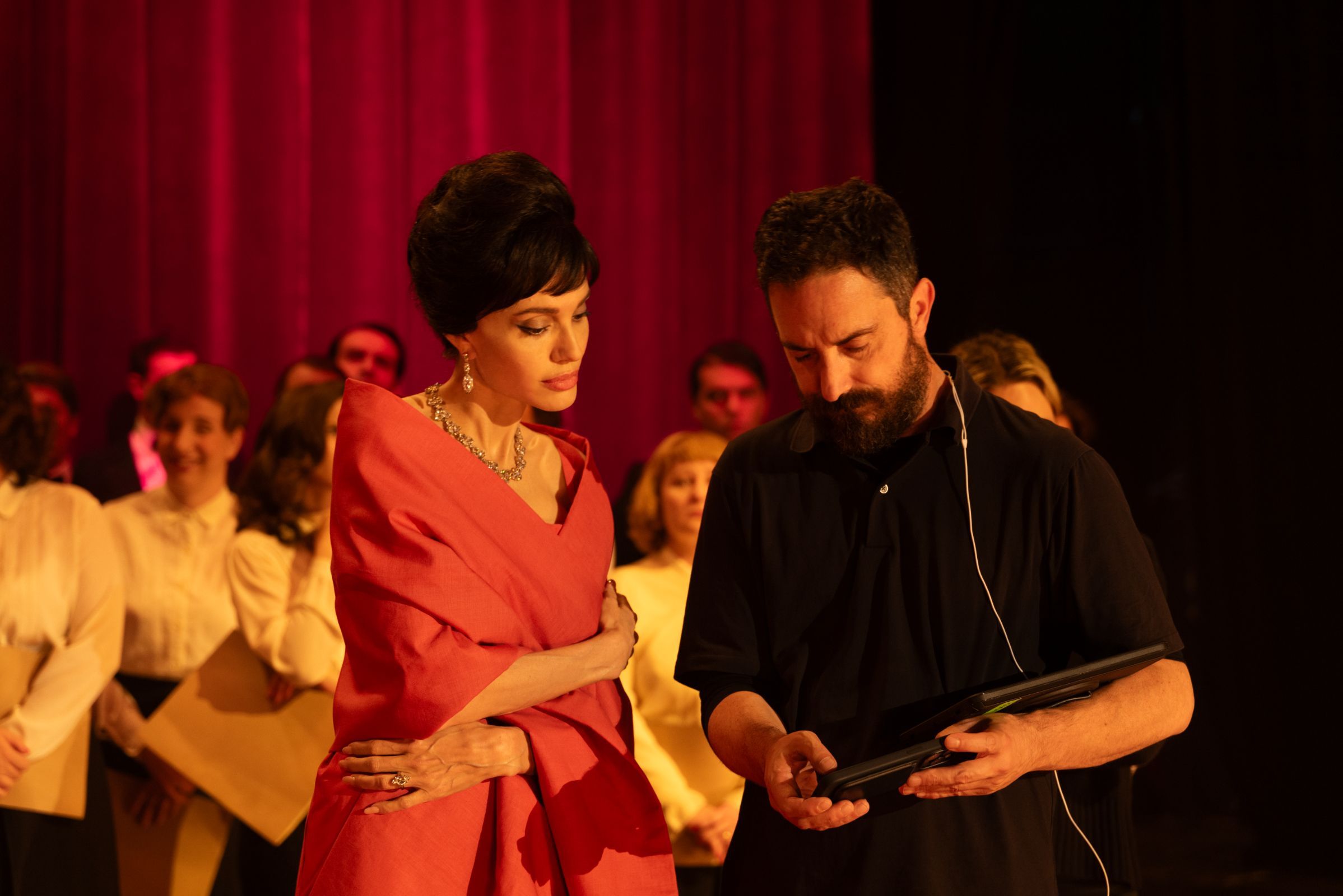 Angelina Jolie on set with Pablo Larraín &copy; 2024 Netflix Inc | Photo by Pablo Larraín