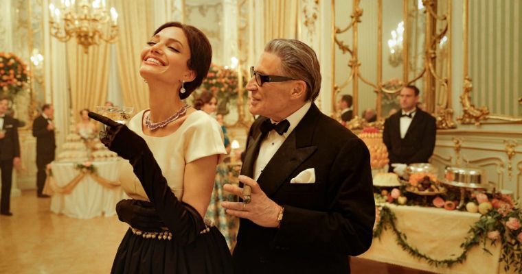 Angelina Jolie as Maria Callas and Haluk Bilginer as Aristotle Onassis &copy; 2024 Netflix Inc | Photo by Pablo Larraín