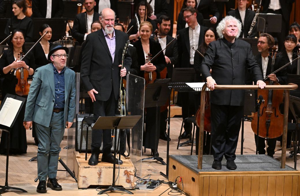 Mark-Anthony Turnage, John Scofield and Sir Simon Rattle © LSO | Mark Allan