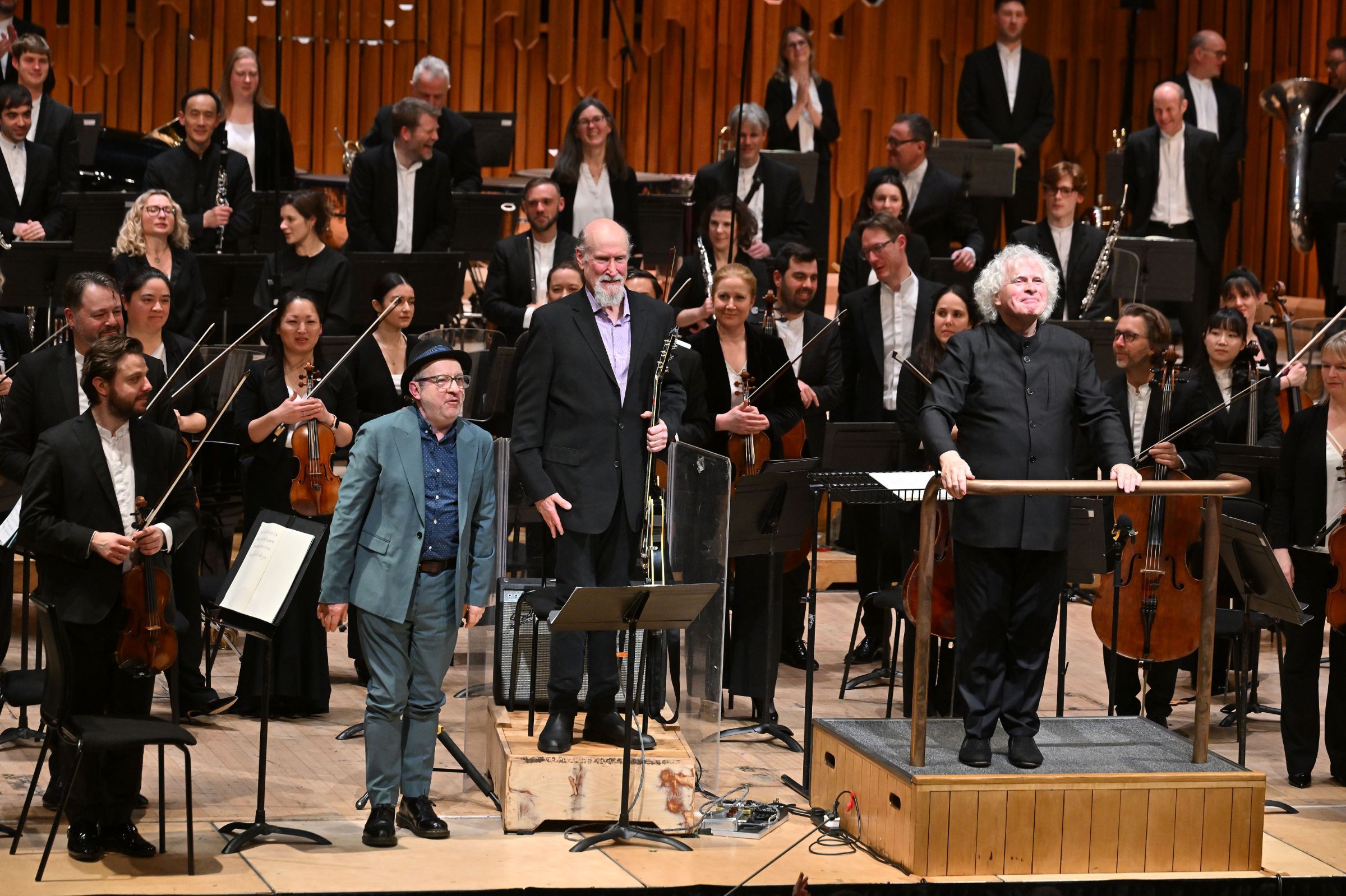 Mark-Anthony Turnage, John Scofield and Sir Simon Rattle © LSO | Mark Allan
