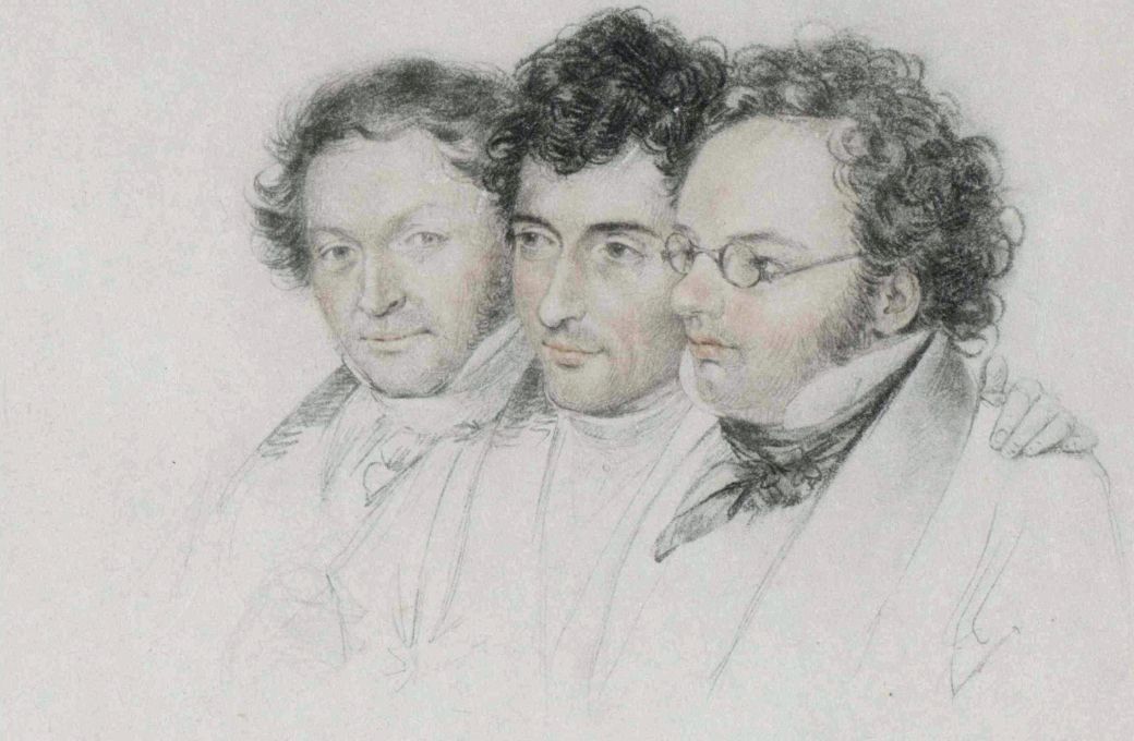 Schubert with friends: Anselm Hüttenbrenner (middle) owned the symphony’s manuscript © Joseph Teltscher, 1827 | Wikimedia Commons