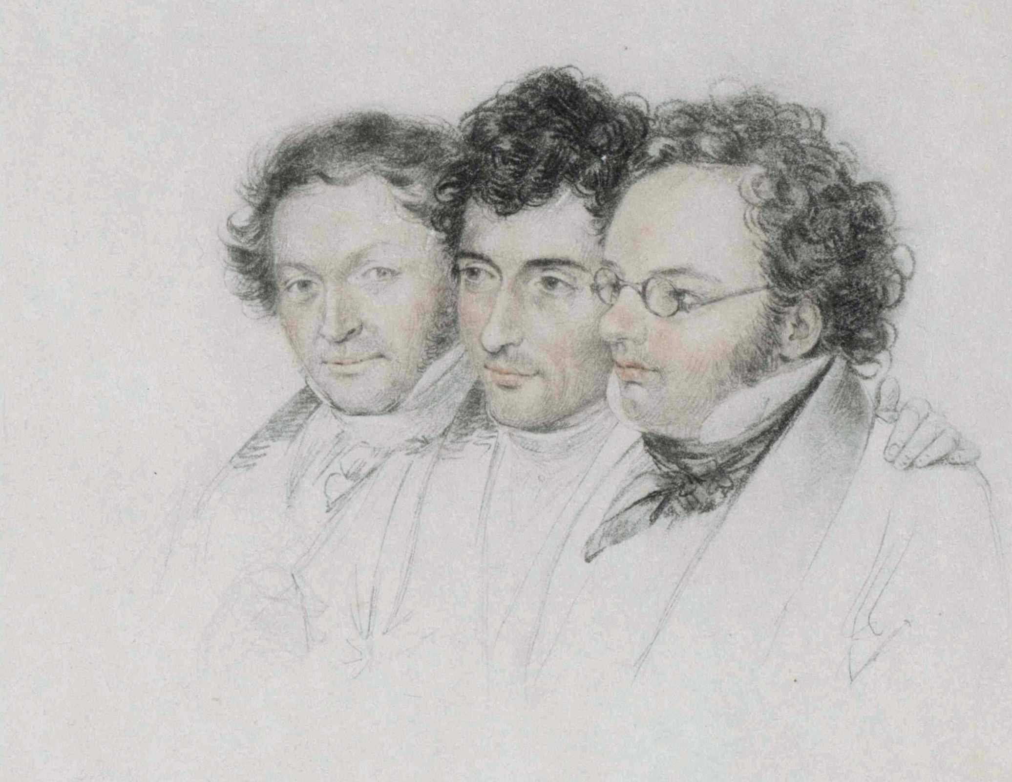 Schubert with friends: Anselm Hüttenbrenner (middle) owned the symphony’s manuscript © Joseph Teltscher, 1827 | Wikimedia Commons