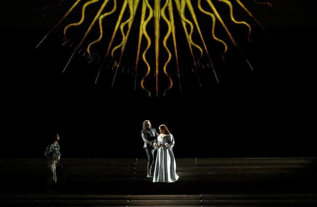 Ryan Vaughan Davies (Ruiz), Michael Fabiano (Manrico) and Rachel Willis-Sørensen (Leonora) © RBO | Camilla Greenwell