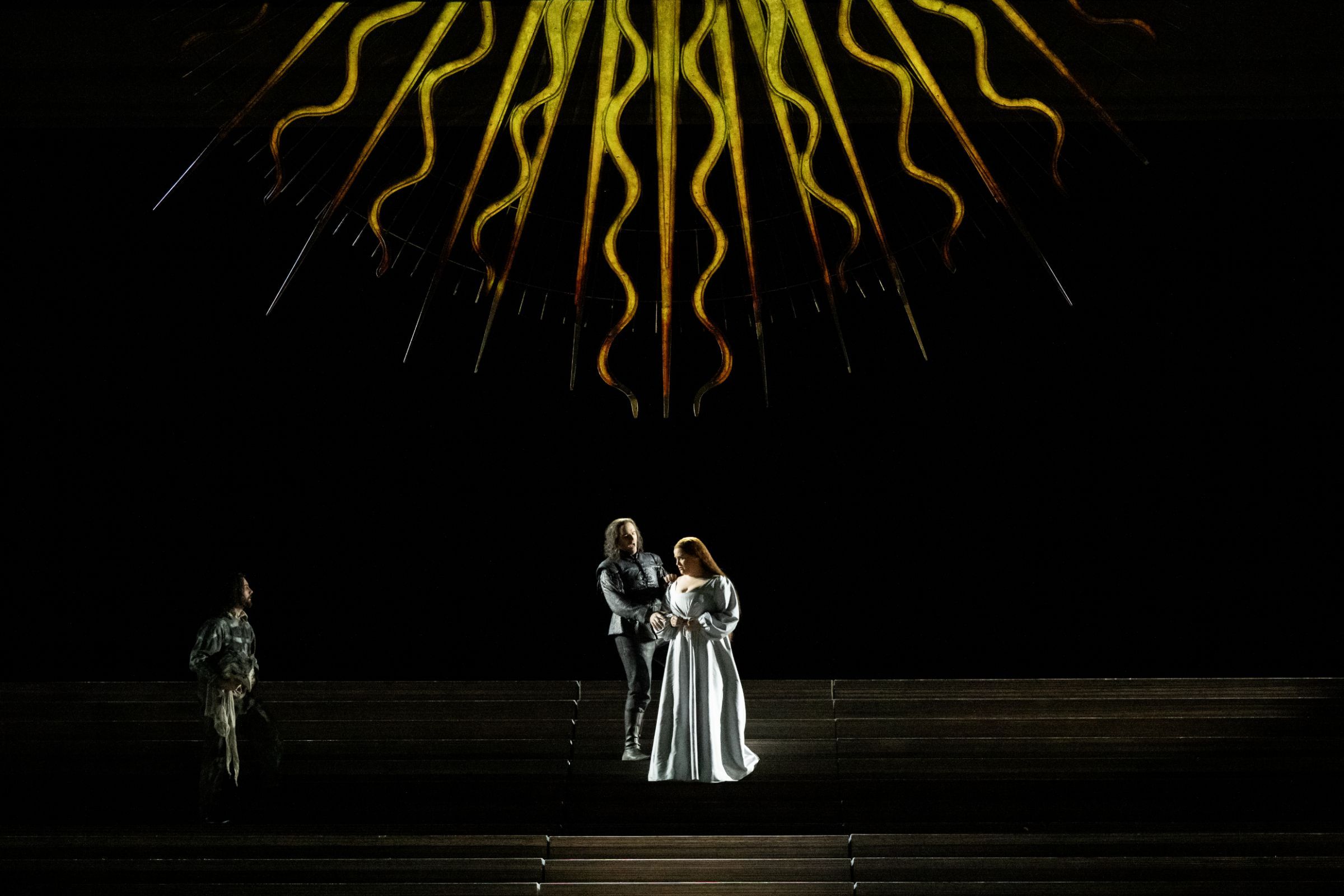 Ryan Vaughan Davies (Ruiz), Michael Fabiano (Manrico) and Rachel Willis-Sørensen (Leonora) © RBO | Camilla Greenwell