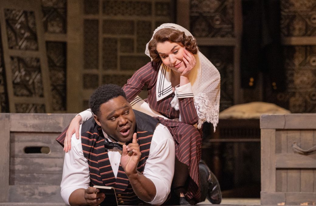 Michael Sumuel (Figaro) and Olga Kulchynska (Susanna) &copy; Evan Zimmerman | Met Opera
