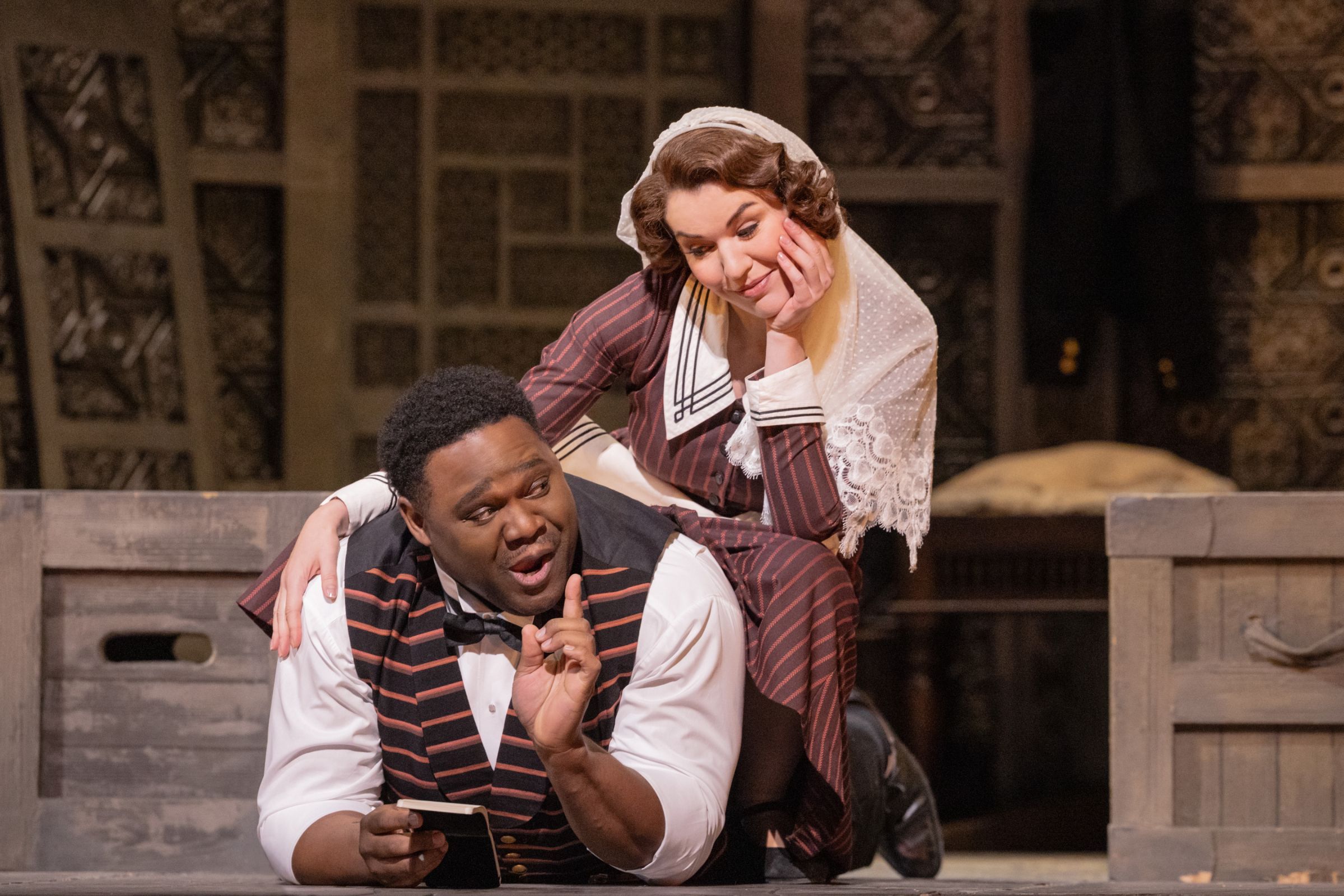 Michael Sumuel (Figaro) and Olga Kulchynska (Susanna) &copy; Evan Zimmerman | Met Opera
