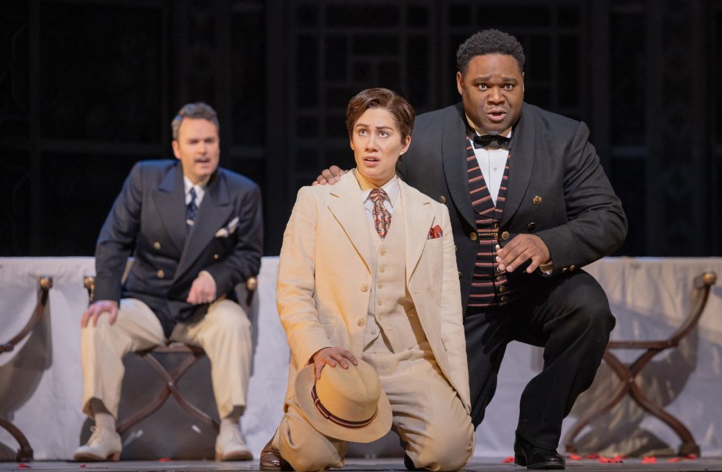 Joshua Hopkins (Count Almaviva), Sun-Ly Pierce (Cherubino) and Michael Sumuel (Figaro) &copy; Evan Zimmerman | Met Opera