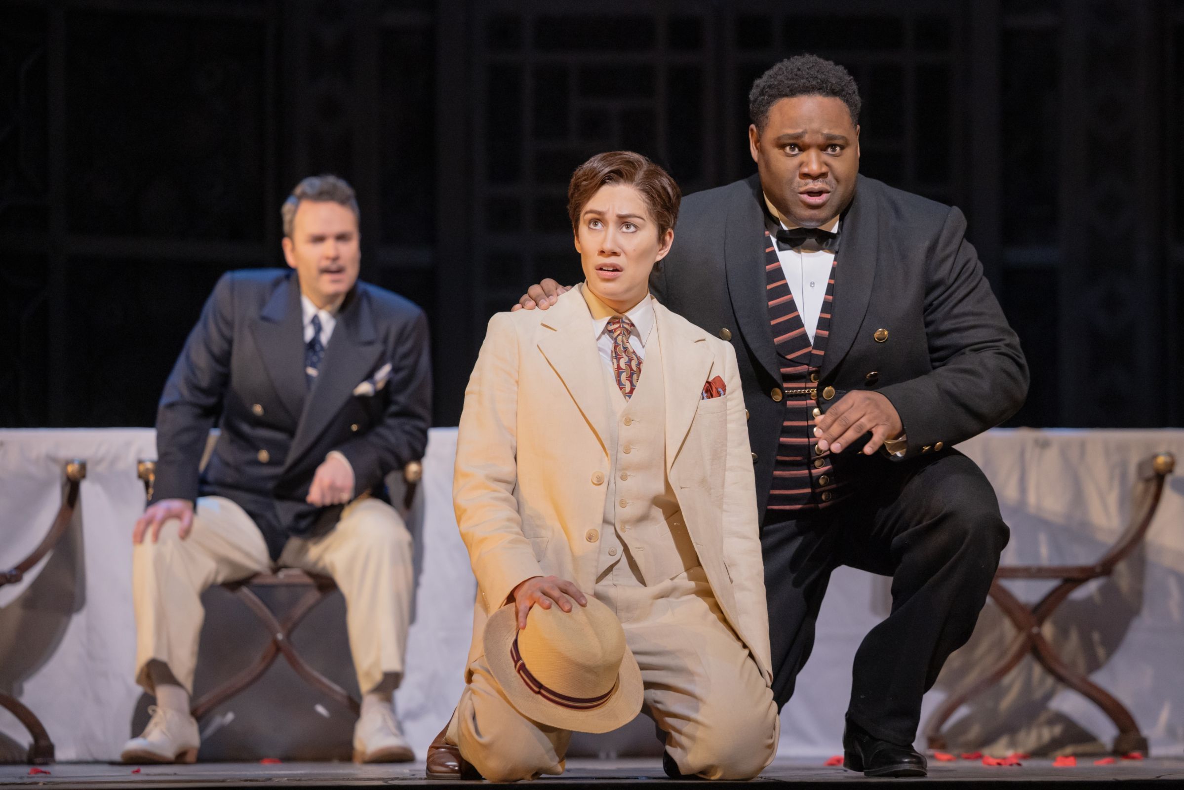 Joshua Hopkins (Count Almaviva), Sun-Ly Pierce (Cherubino) and Michael Sumuel (Figaro) &copy; Evan Zimmerman | Met Opera