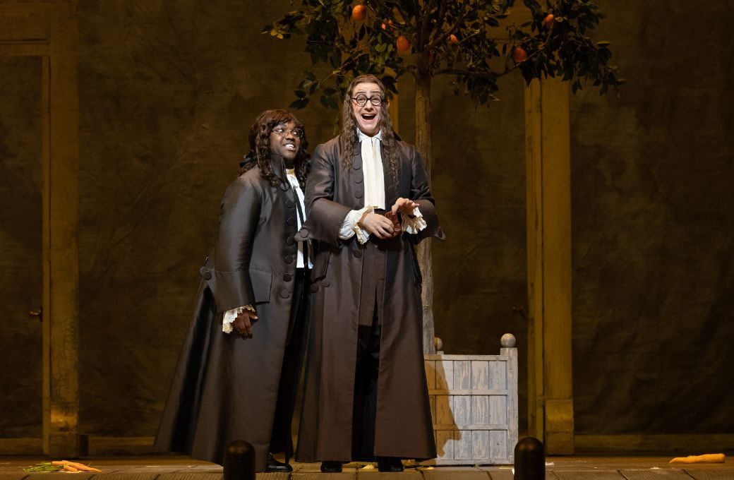 Lawrence Brownlee (Count Almaviva) and Alexander Vinogradov (Don Basilio) &copy; Marty Sohl | Met Opera