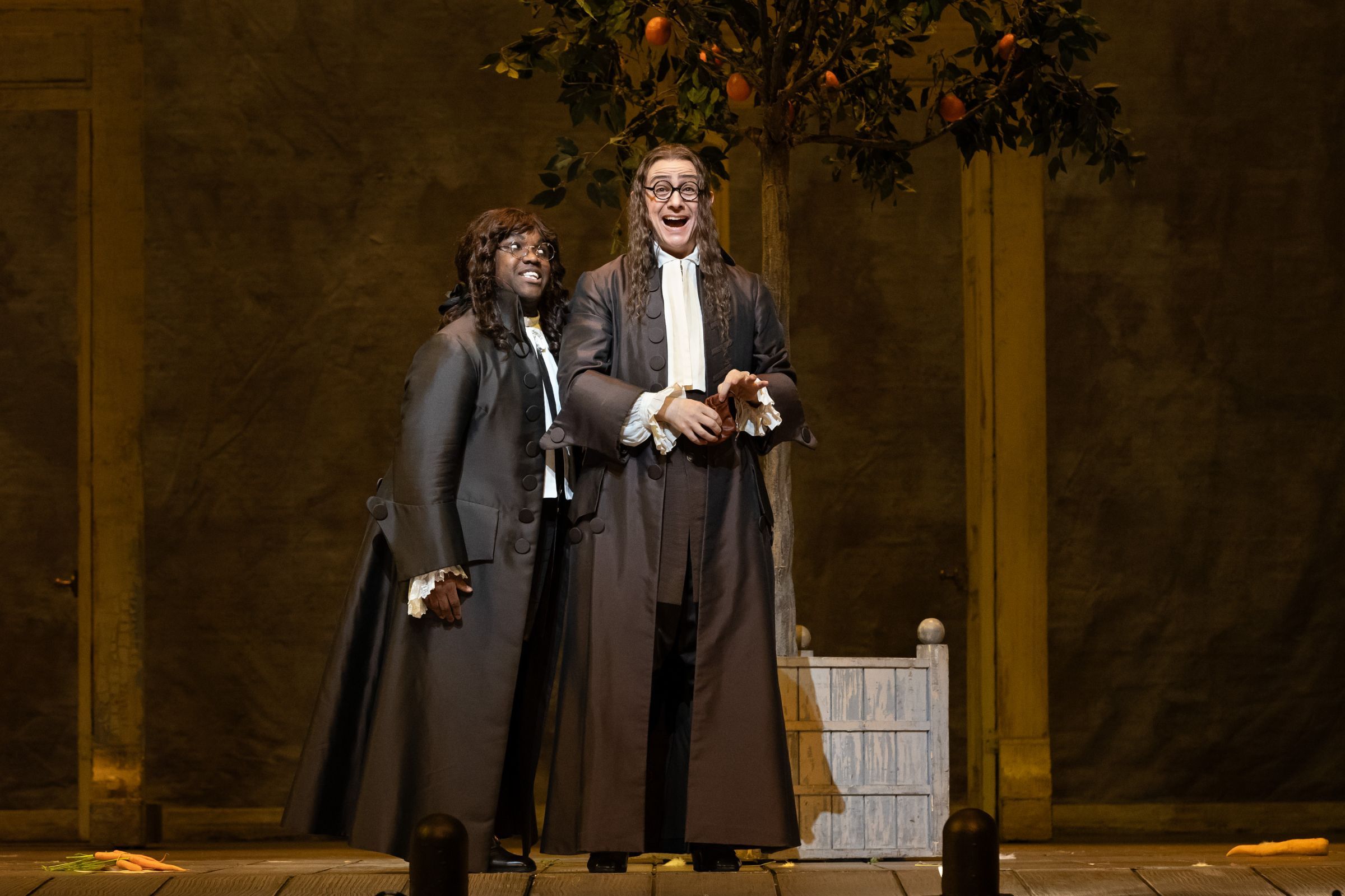 Lawrence Brownlee (Count Almaviva) and Alexander Vinogradov (Don Basilio) &copy; Marty Sohl | Met Opera