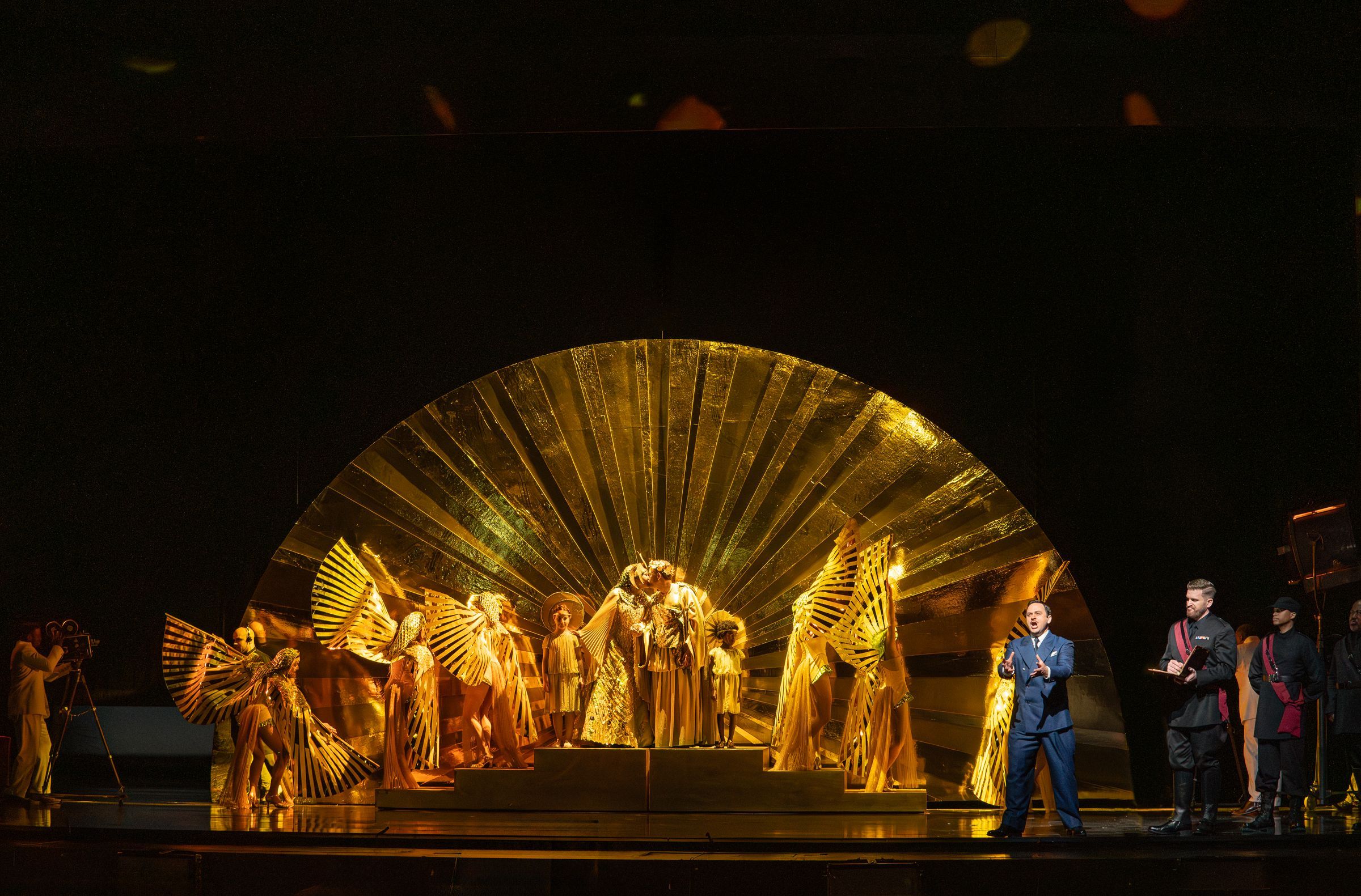 Julia Bullock (Cleopatra), Gerald Finley (Antony) and Paul Appleby (Caesar) &copy; Karen Almond | Met Opera