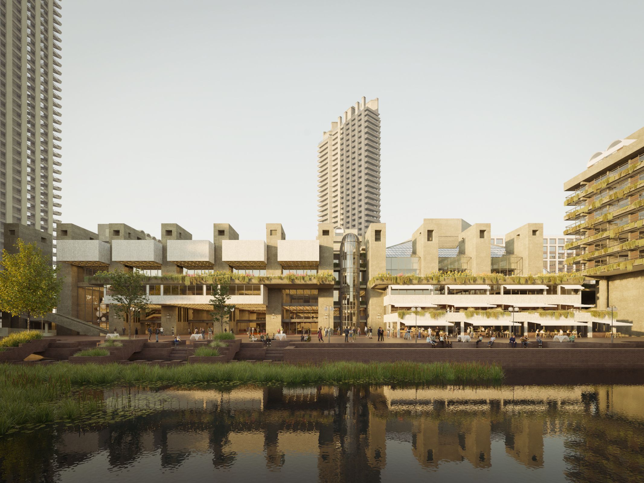 Lakeside plans include improved seating, lighting and climate-friendly planting &copy; Kin Creatives for Allies and Morrison and Asif Khan Studio