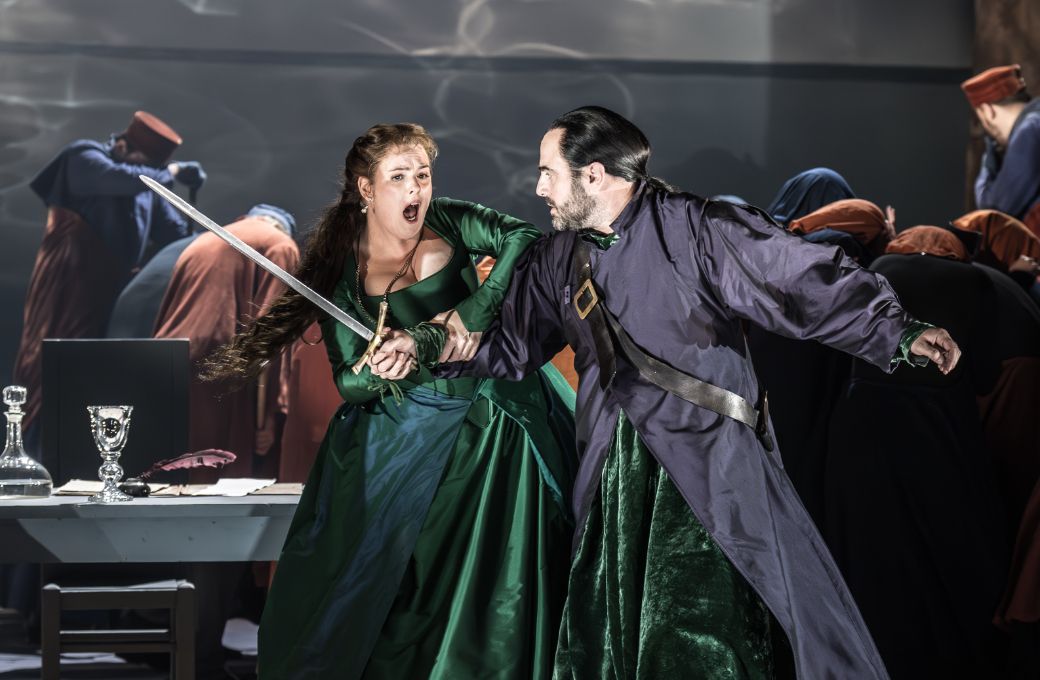Elin Pritchard (Amelia) and Otar Jorjikia (Gabriele Adorno) &copy; Marc Brenner