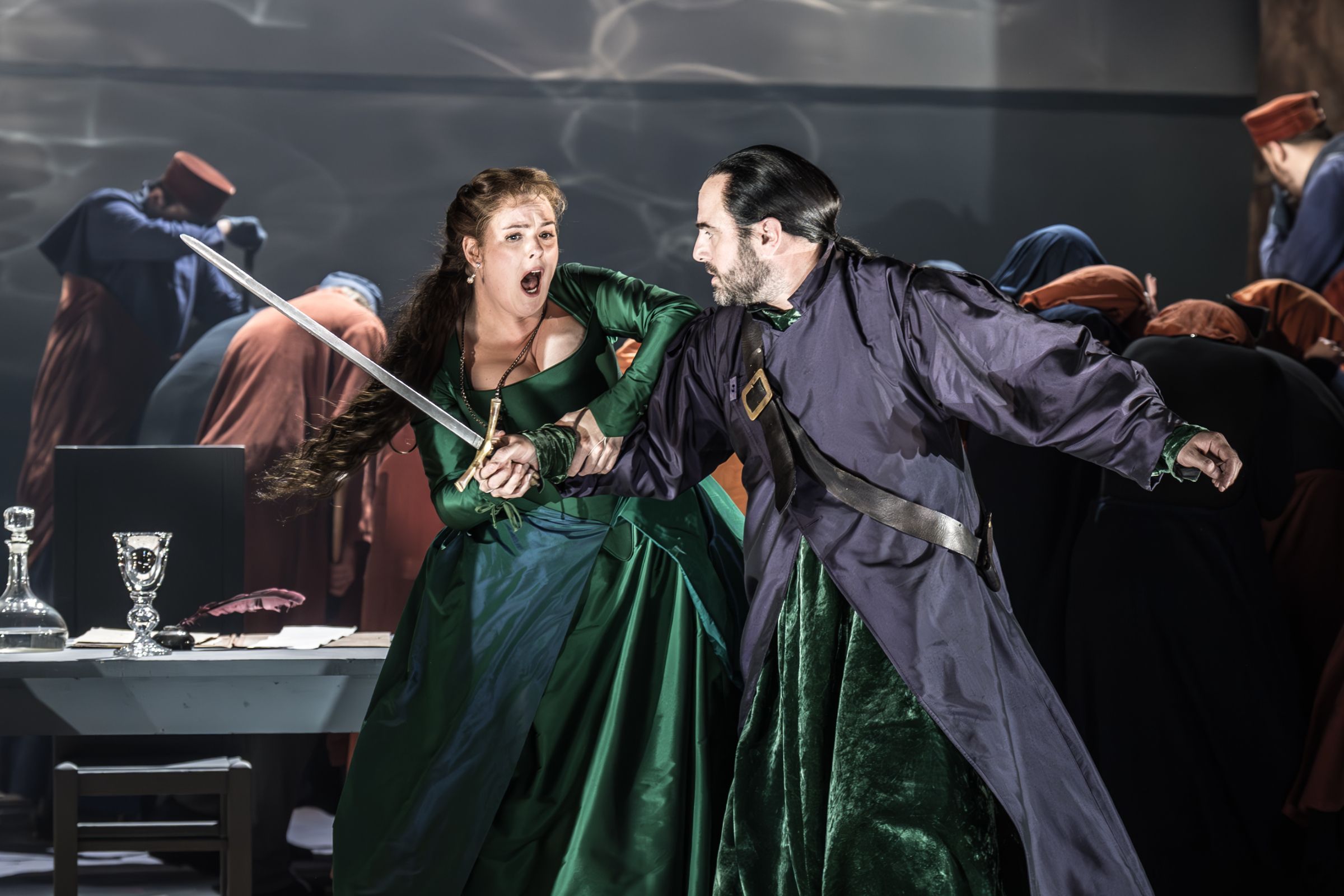 Elin Pritchard (Amelia) and Otar Jorjikia (Gabriele Adorno) &copy; Marc Brenner