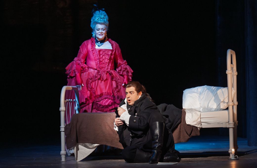 Violetta Urmana (The Countess) and Arsen Soghomonyan (Herman) &copy; Ken Howard | Met Opera