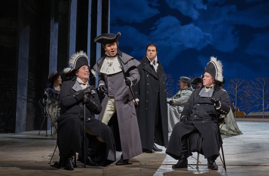 Raymond Aceto (Surin), Alekey Markov (Tomsky), Arsen Soghomonyan and Chad Shelton (Chekalinsky) &copy; Ken Howard | Met Opera